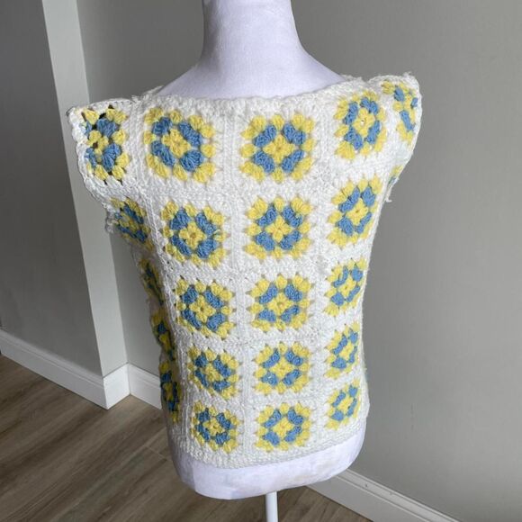 OOAK White Blue & Yellow Crochet Sleeveless Tank Women's Medium Granny 80's READ - Picture 6 of 7